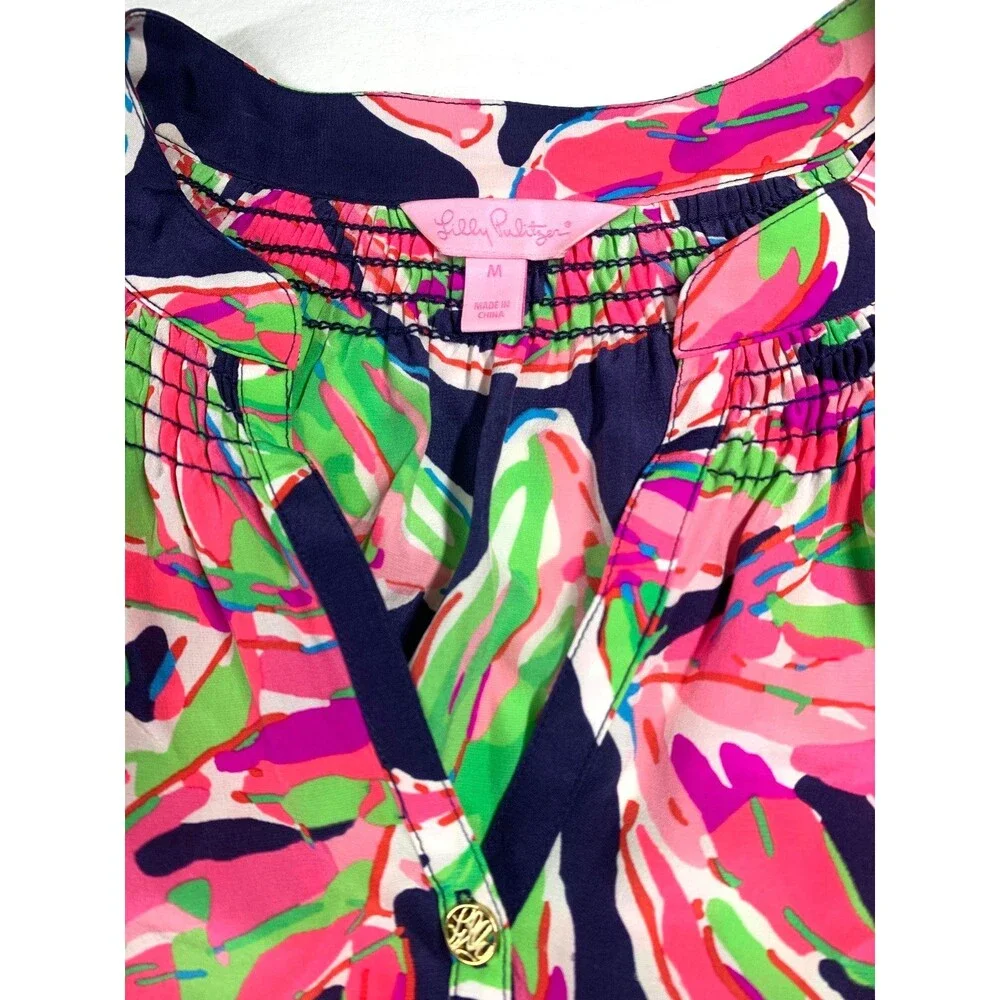 Lilly Pulitzer Elsa Silk Top Blouse Vias Pink Lime Green Navy Blue Printed M